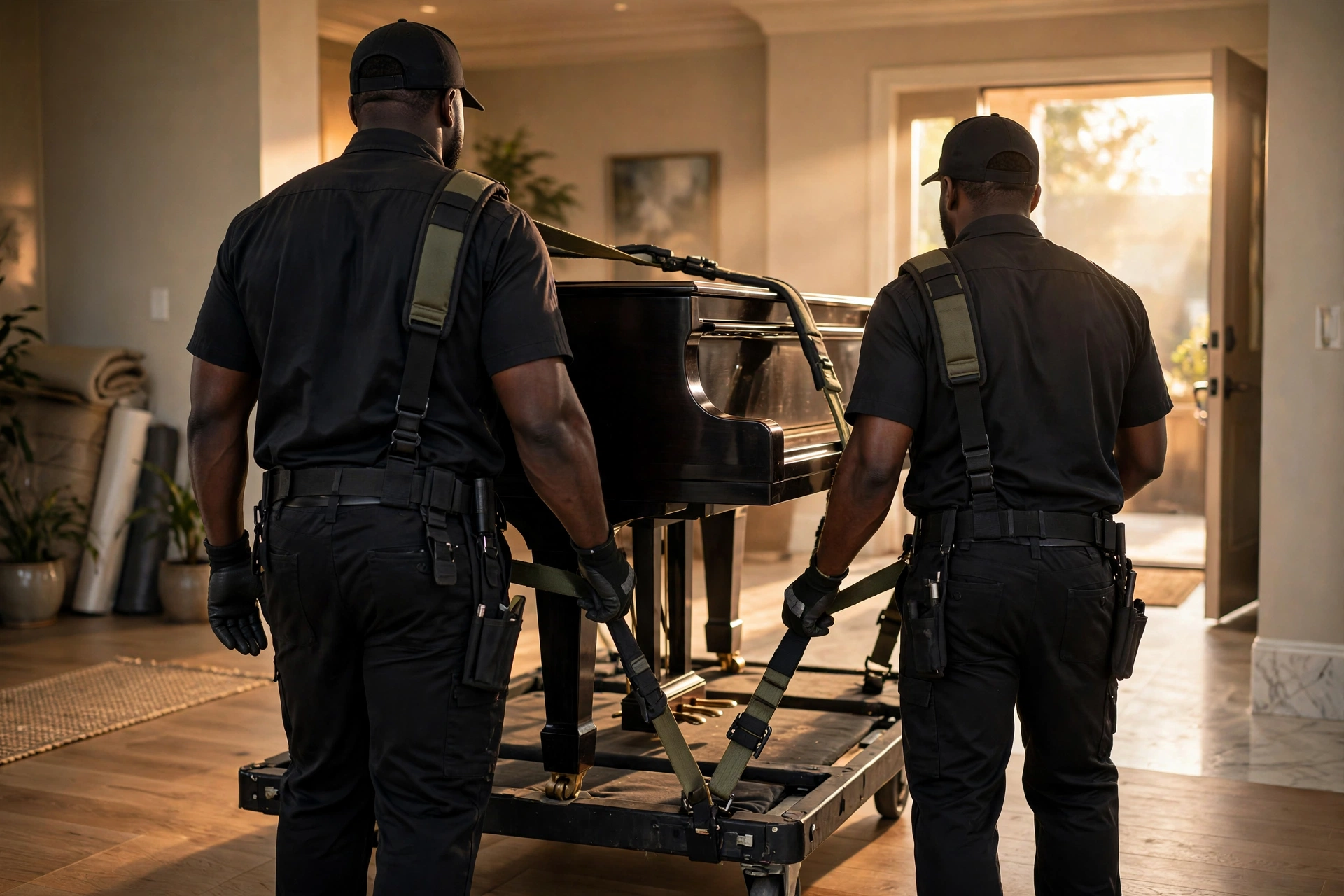 Expert piano movers moving a grand piano