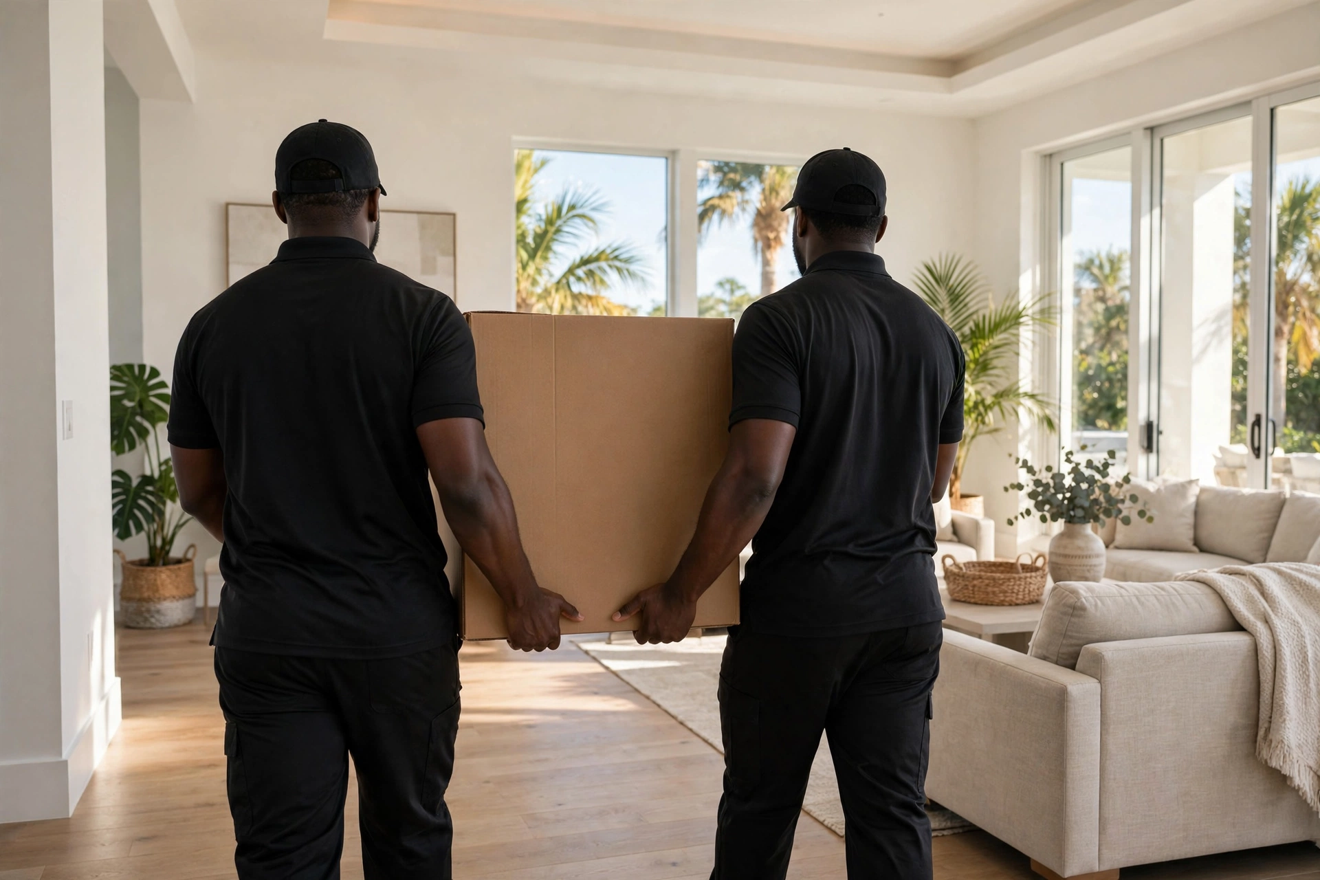 Movers carrying a box into a Florida home